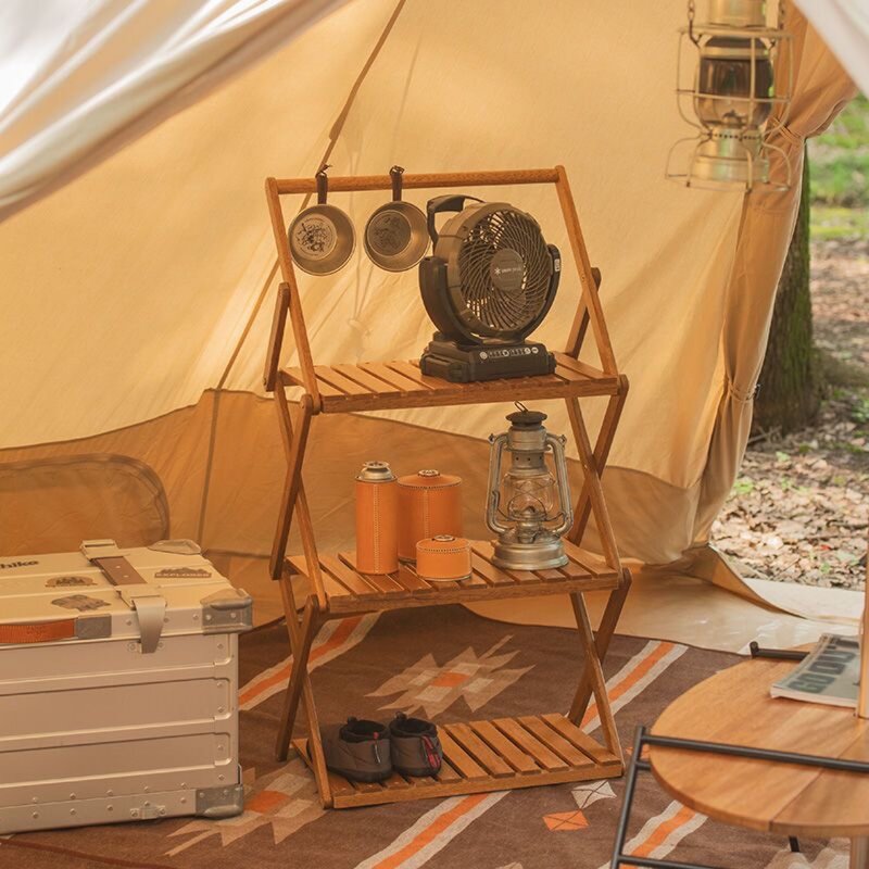 야외 캠핑 다기능 접이식 선반, 휴대용 설치 불필요 대나무 목재 보관 신발거치대
