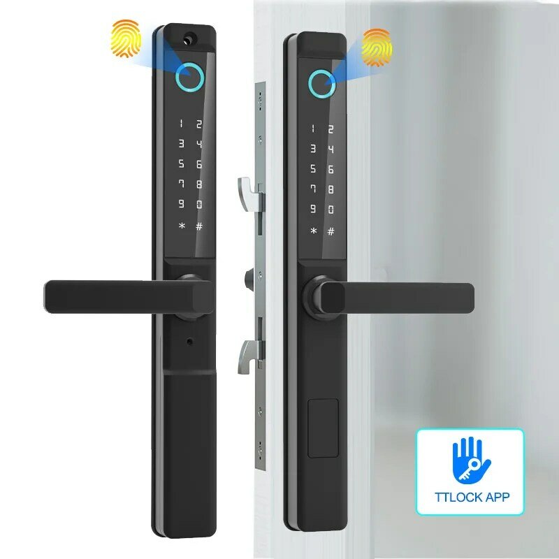 Kunci Pintu Pintar digital tahan air nirkabel, aplikasi ttlock standar Eropa dengan pembaca sidik jari listrik dua sisi