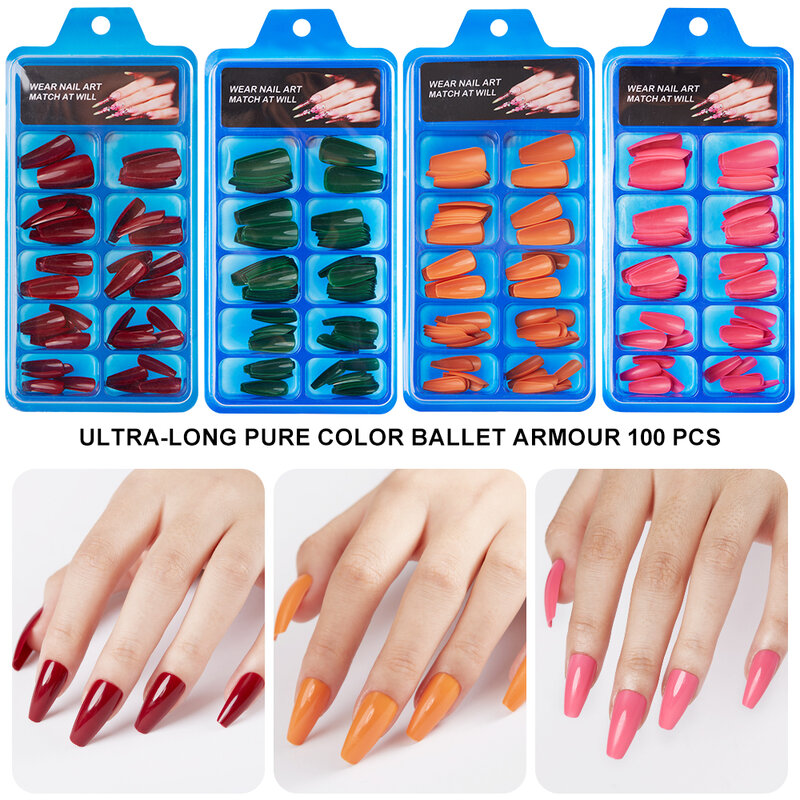 100pcs Press on Nails Ultra Long Full Cover Acrylic Fake Nail Tips Solid Color Ballet Coffin False Nails 12 Size Ballet Armour