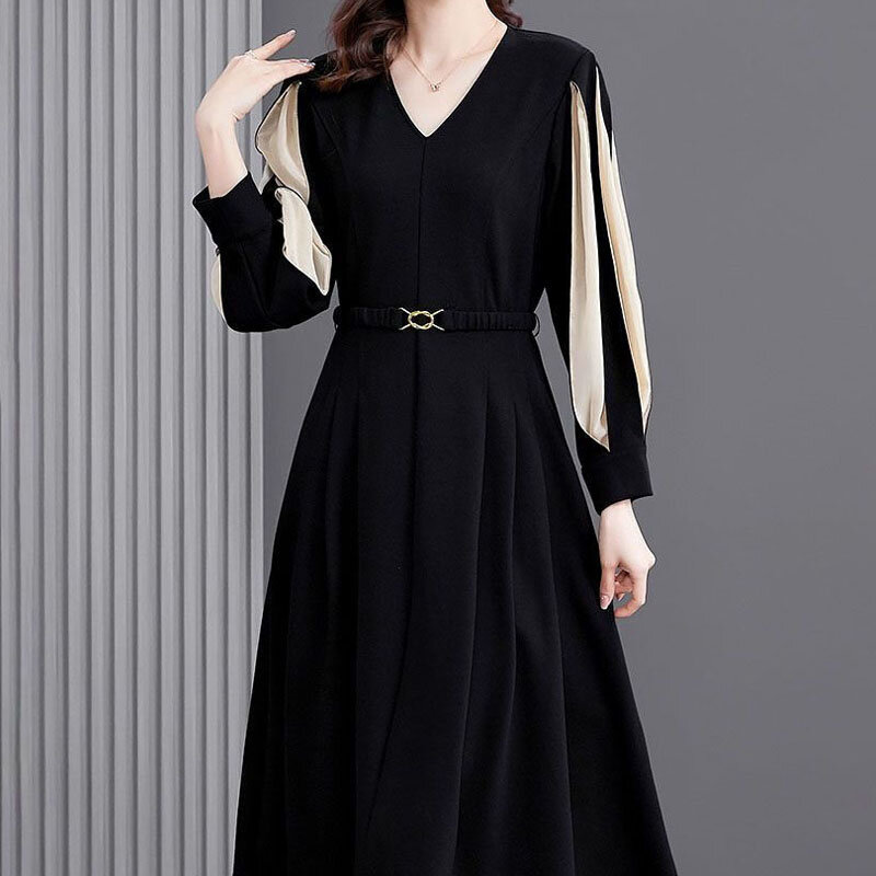 V-Neck High-quality Intellectuality Knee-length Dresses Autumn Belt Spliced Lantern Sleeve Pullover England Style Ladies Cloths