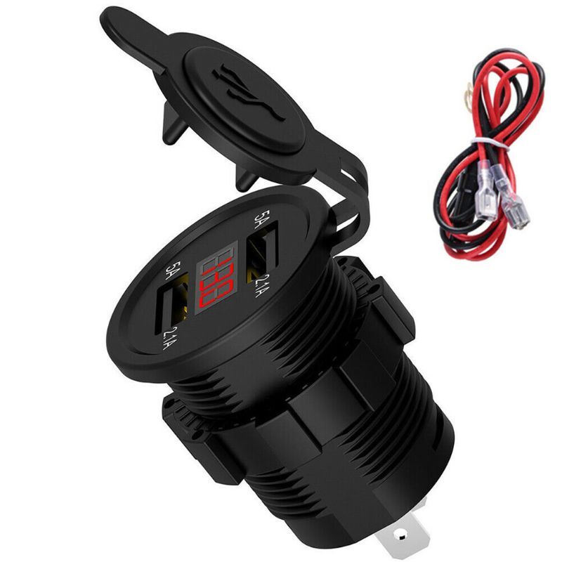 WSND Dual Ports USB Ladegerät Buchse Adapter mit Spannung DisplayVoltmeter für 12-24V Auto Boot Motorrad Fahrzeuge