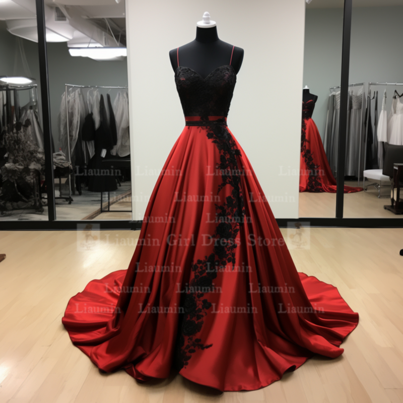 Vestido de noche de satén rojo y negro personalizado, apliques de borde de encaje sin tirantes, longitud completa, cordones en la espalda, ropa elegante, W1-15