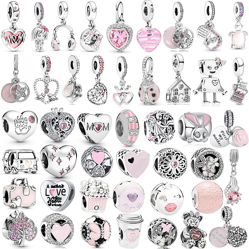 Ensemble d'accessoires de bricolage, nouvelle série rose, cadeau de fête des mères, perles PmotBeads Fit Pandora, collier à breloques, bracelet, porte-clés, bijoux, 45 pièces