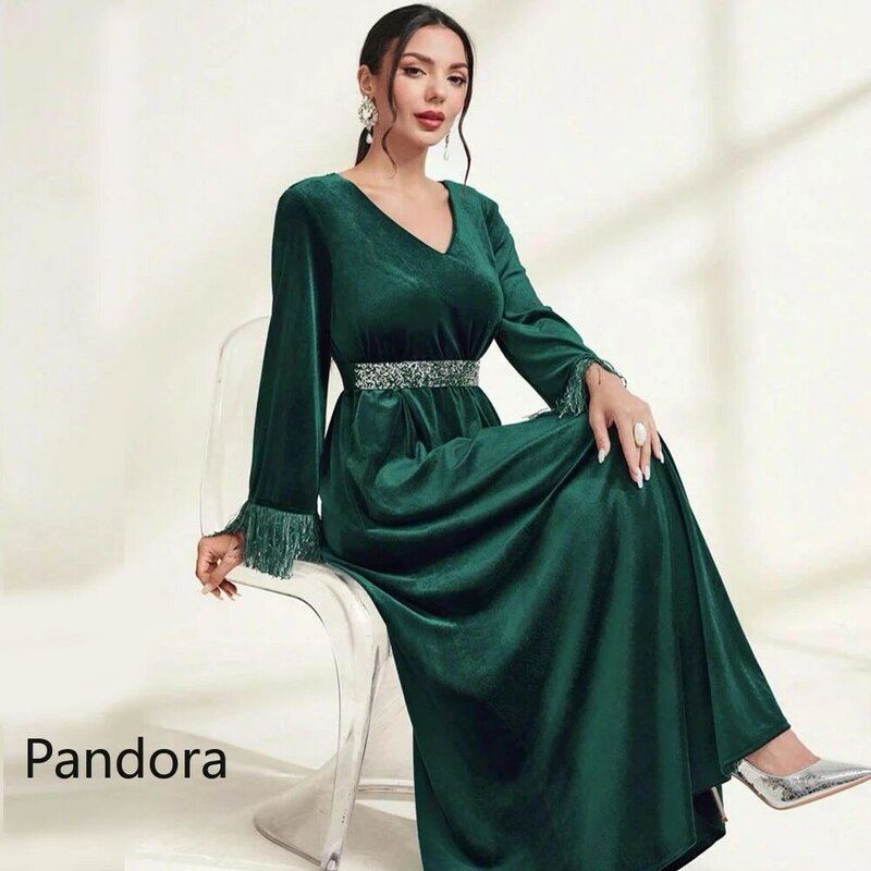 Pandora Beaded Long Women's Formal Evening Gown Long Sleeve V-neck Ankle-length A-line Wedding Birthday Ball Party Dress