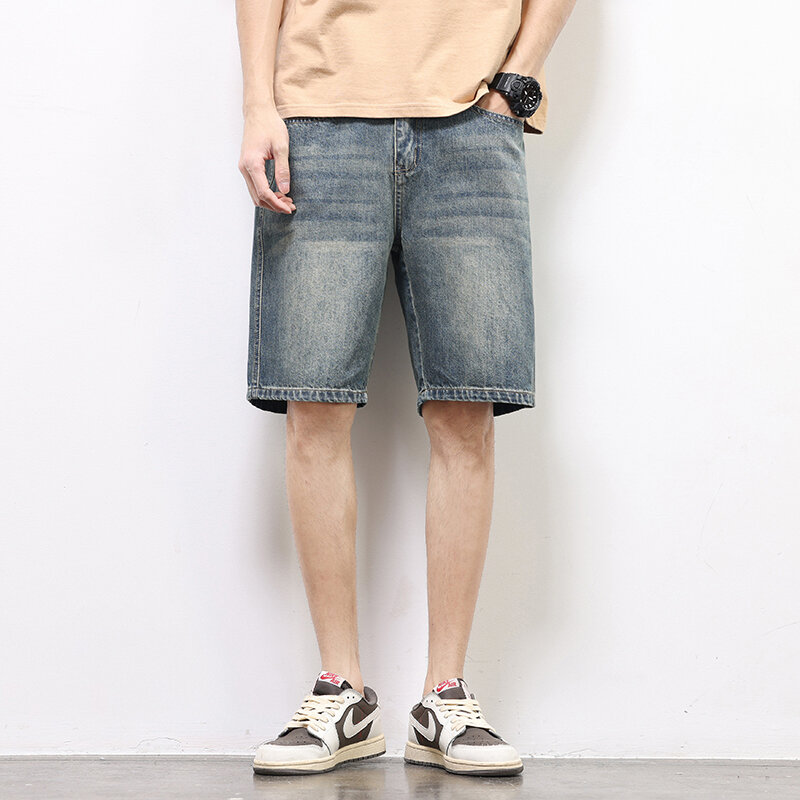Мужские летние шорты 2024 в Корейском стиле, модные мешковатые прямые джинсовые винтажные шорты, повседневные свободные короткие джинсы, мужские зеленые синие