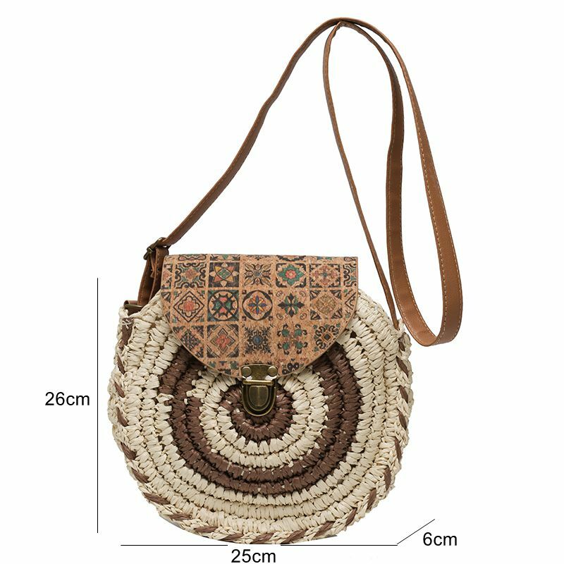 Summer Straw Woven Crossbody Bags for Women Metal Button PU Flap Stripe Pattern Round Designer Bag for Ladies Casual Purse