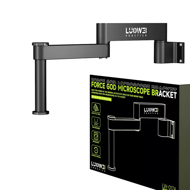 Luowei-LW-017 Braço giratório do suporte do microscópio, universal, flexível, dobramento, 360 °, levantamento ajustável, fixo, metal, forjamento