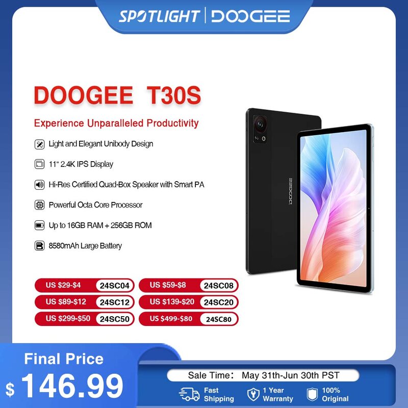 DOOGEE T30S Tablet 11" 2.4K TÜV Certified 6GB+256GB T606 Octa Core 13MP Main Camera Quad Speakers 8580mAh