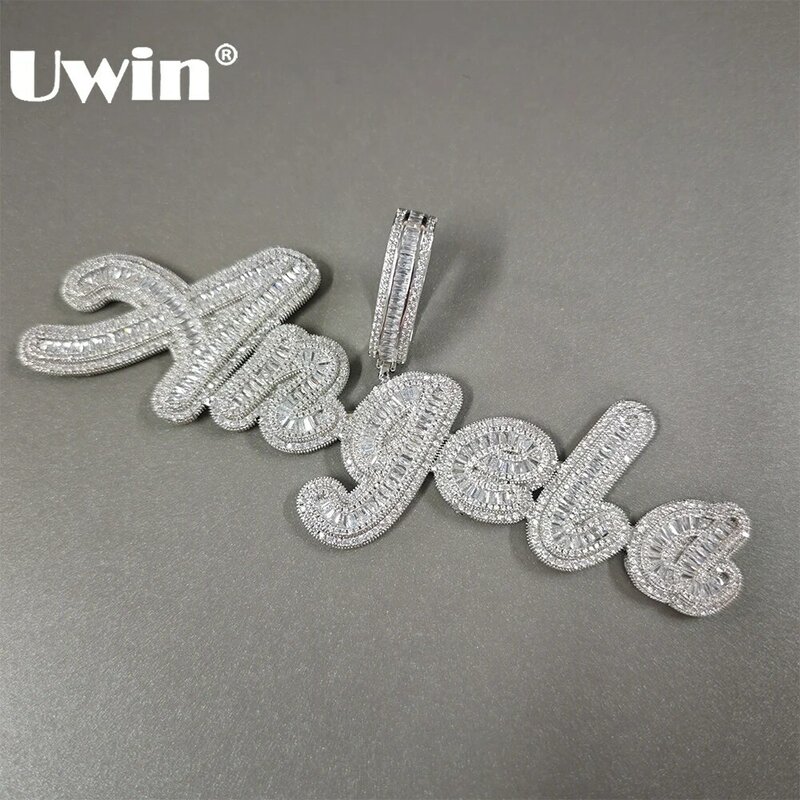 UWIN Custom Baguettecz Cursive Name Pendant Necklaces Iced Out CZ Letter Charms Necklace Fashion Hip Hop Jewelry for Gift
