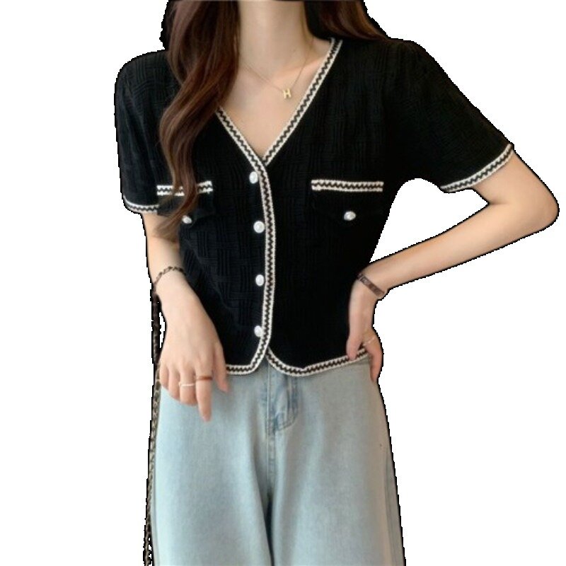 Cardigan boutonné à col en V pour femmes noires, style Harajuku, manches courtes, décontracté, chic, streetwear, à carreaux, kawaii, t-shirt élégant coréen