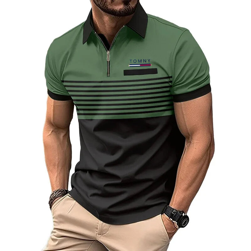 2024 New men's fashion casual POLO shirt chest fake pocket lapel zipper Business T-shirt 3D striped top print TOMNY