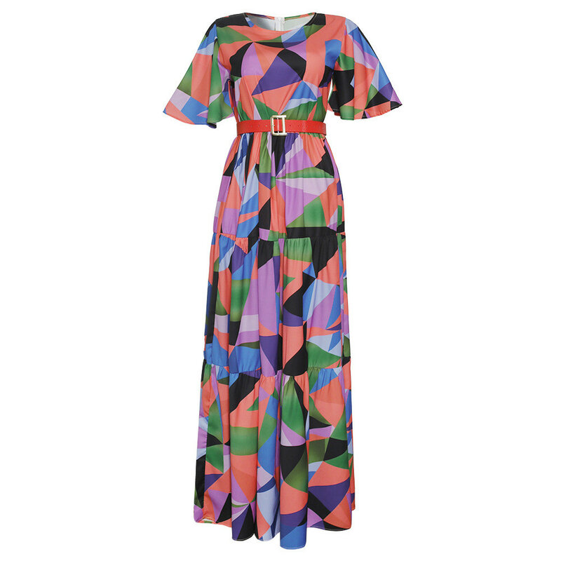 Falda larga con contraste de Color de retales para mujer africana, vestido de cuello redondo, novedad de 2023 #225