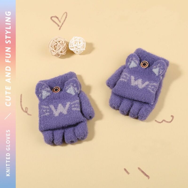 Winter Warm Gloves Soft Thickened Cute Knitted Gloves Half Finger Flip Glove Children