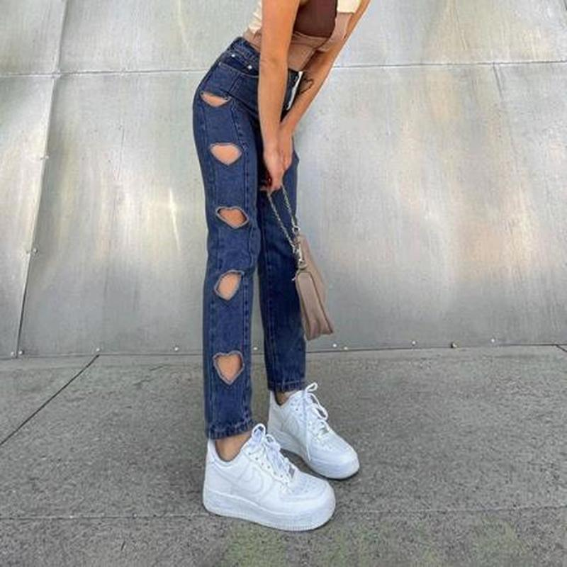 Jeans feminino rasgado de perna reta de cintura alta em forma de coração, calça justa, casual, streetwear coreano, recortada, verão, Y2K