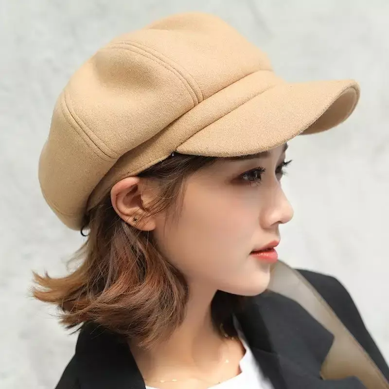 Topi wol polos untuk wanita, topi pelukis baret oktagonal polos kasual musim dingin musim gugur pria wanita