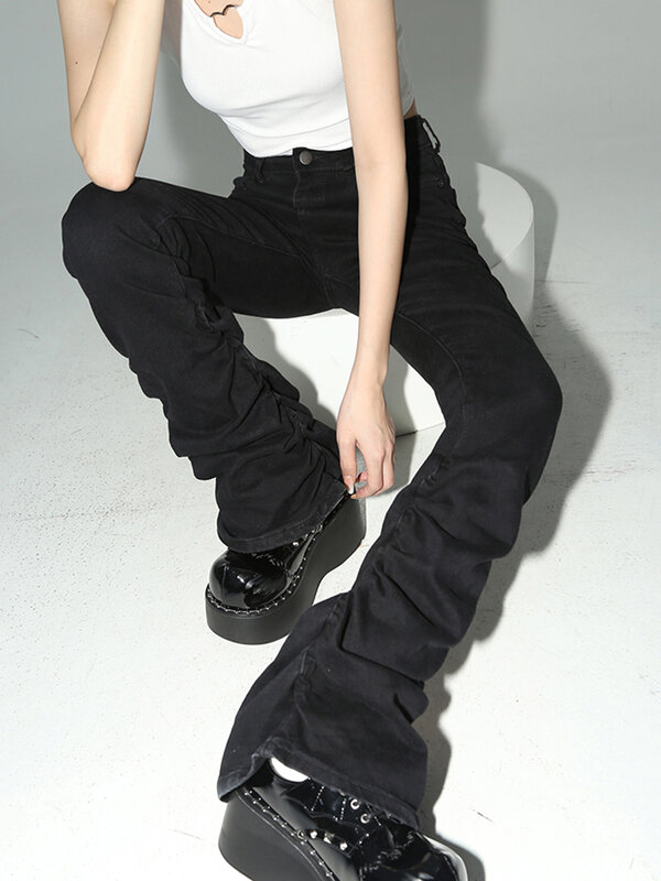 REDDACHiC czarne marszczone jeansy rozkloszowane damskie solidne elastyczne spodnie na wysoki wzrost spodnie Harajuku Goth Grunge Y2k ubrania