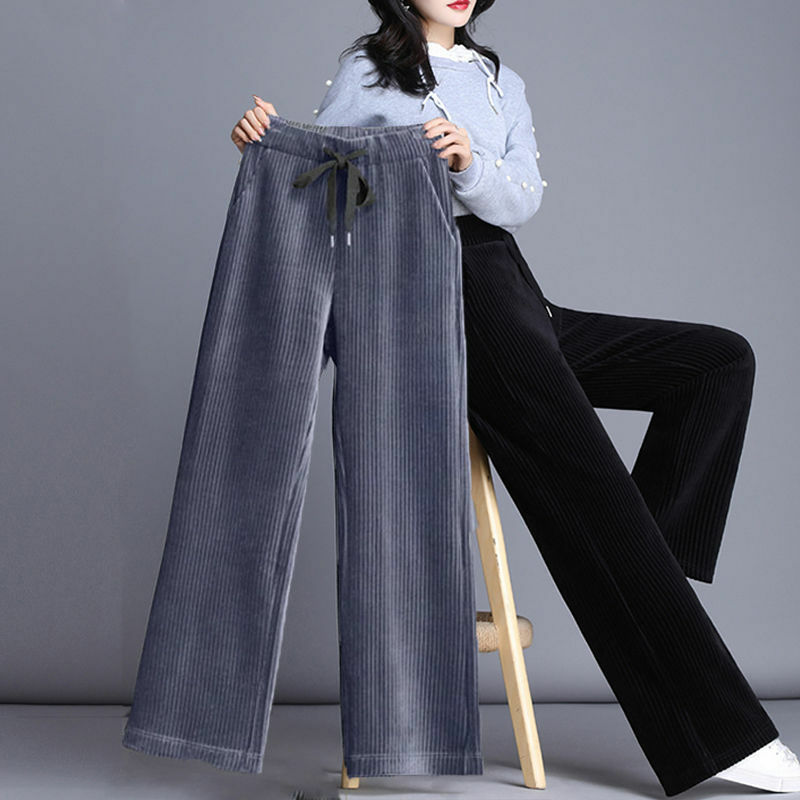 Celana kaki lebar wanita, bawahan tipis longgar kasual warna Solid baru 2023, pinggang elastis lurus musim dingin dan Gugur