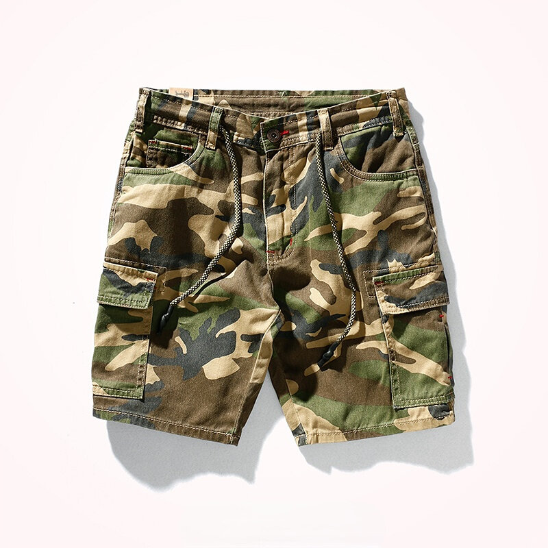 Verão novo americano retro camuflagem carga shorts moda masculina 100% algodão lavado cordão multi-bolso casual 5 pontos calças