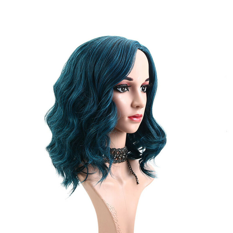 Peruca de cabelo encaracolado sintético para mulheres, perucas cosplay, parte lateral azul curta, alta temperatura, fibra de seda, diariamente, natural