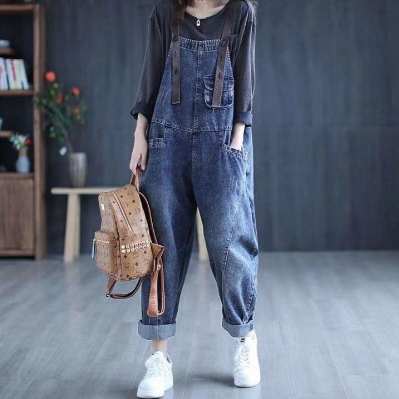 Комбинезон женский джинсовый в стиле ретро, свободный Ромпер из денима с большими карманами, модные брюки с широкими штанинами, большие размеры