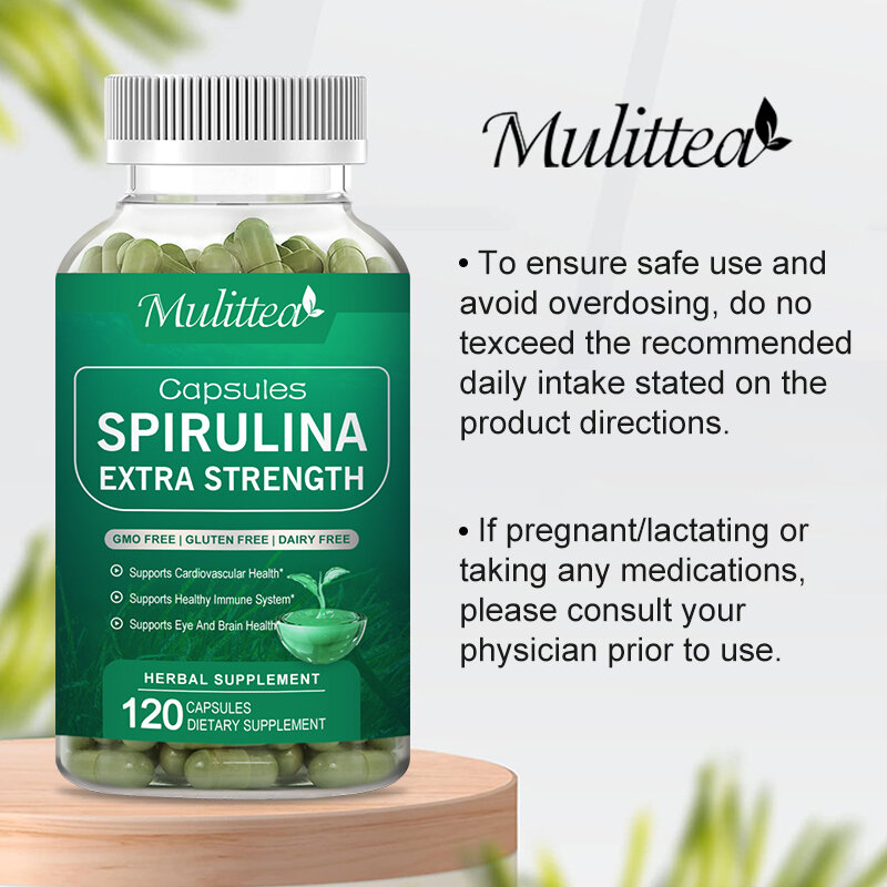 Mulittea капсулы спирулины высокой чистоты, зеленые суперпродукты для поддержки сердечных сокращений, сердечно-сосудистых заболеваний глаз и мозга, бесплатная доставка
