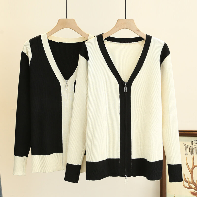 4XL Plus Size Basic Sweaters Women 2023 Spring V-Neck Warm Slim Jumpers Fashion Block Color Zipper Knit Cardigan Pullovers