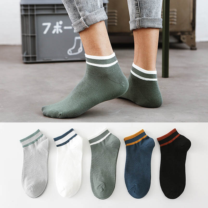 ถุงเท้าผ้าฝ้ายหุ้มข้อ5คู่ถุงเท้าแฟชั่นลายทางระบายอากาศได้ดีในฤดูใบไม้ร่วงผู้ชายฤดูใบไม้ผลิ