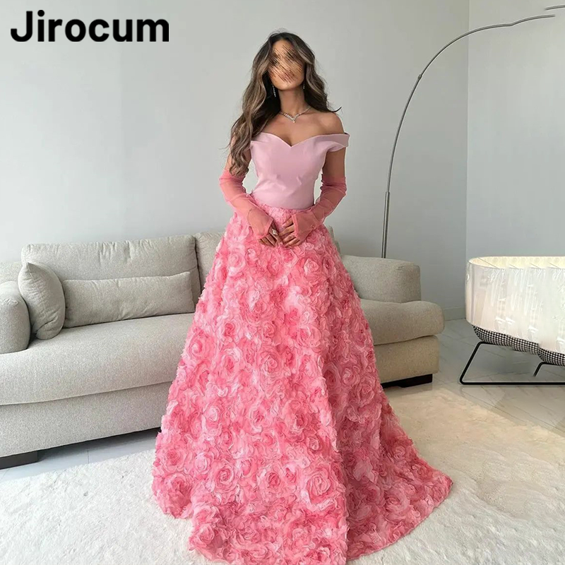 Jirocum Pink Off Shoulder Prom Gowns Women A Line Floral Party Evening Gown Floor Length Long Sleeve Formal Occasion Dress 2024