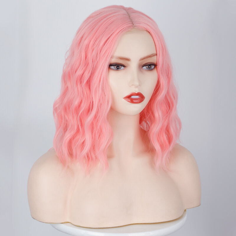 Wig merah muda Wig keriting Bob pendek wanita Wig bergelombang 14 inci Wig sintetik seperti rambut asli Wig untuk sehari-hari gadis Wig Cosplay pirang bisa dipakai