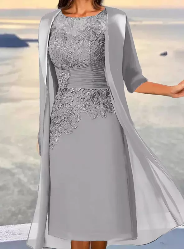 ダスティブルーフローラル刺繍レイヤードミディドレス、花嫁の母、長さの袖、しわ、クルーネック、エレガントな成熟したドレス、秋