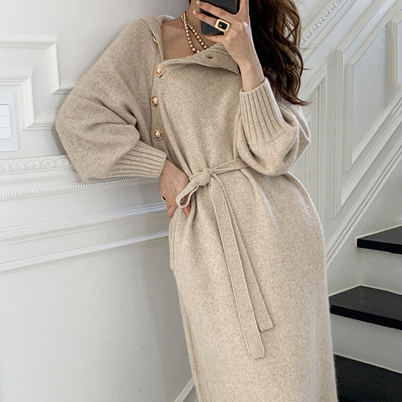 Женское вязаное платье выше колена, длинное винтажное пальто во французском стиле со свитером, Осень-зима 2024