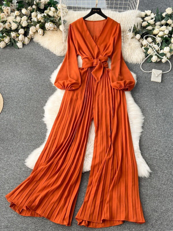 Moda damska Vintage elegancki plisowany szyfonowy kombinezon wiosenny dekolt w serek rękawy latarniowe wysokiej talii szczupła impreza spodnie z szerokimi nogawkami