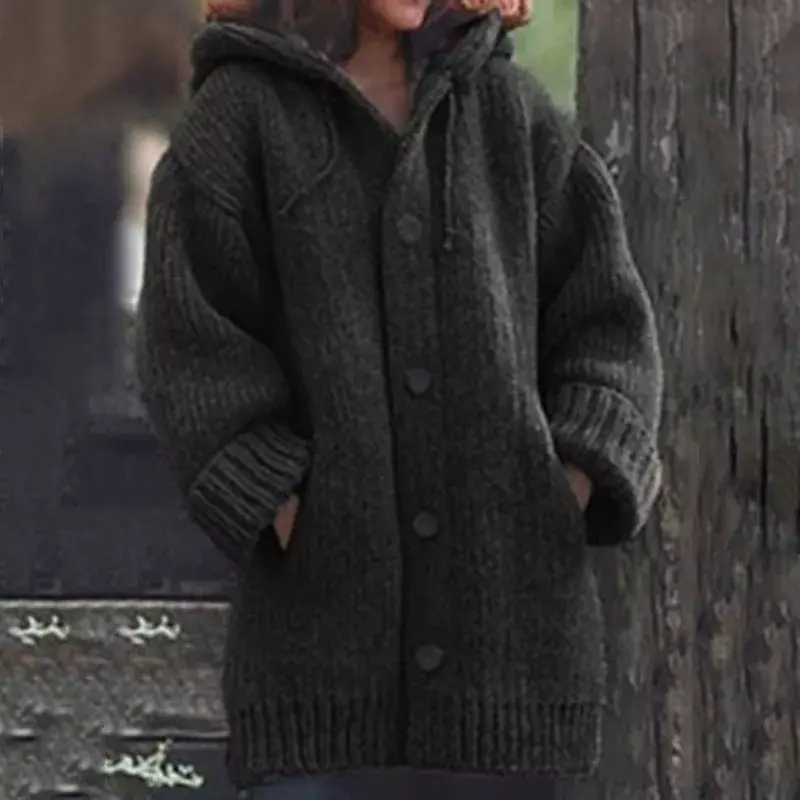 Suéter holgado de manga larga para mujer, de longitud media chaqueta con capucha, de punto, de talla grande, a la moda, para Otoño e Invierno
