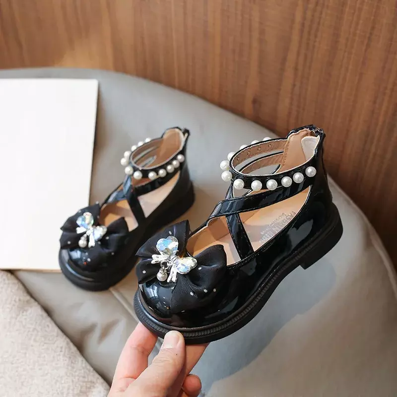 Children's Leather Shoes Lolita Style Princess Shoes for Girls Sweet Pearl Bowtie Kids Causal Dress Mary Jane Shoes for Party