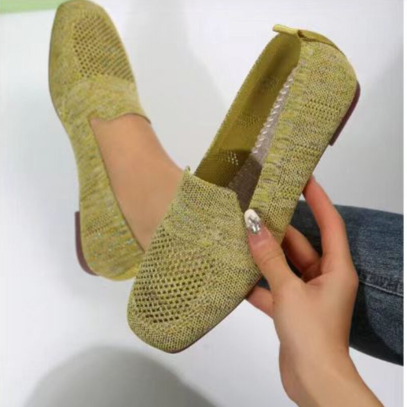 Mocassins de malha de toe quadrado para mulheres, sapatilhas rasas, fundo macio, sapatilhas de malha, sapato casual de barco, cor sólida, 2024