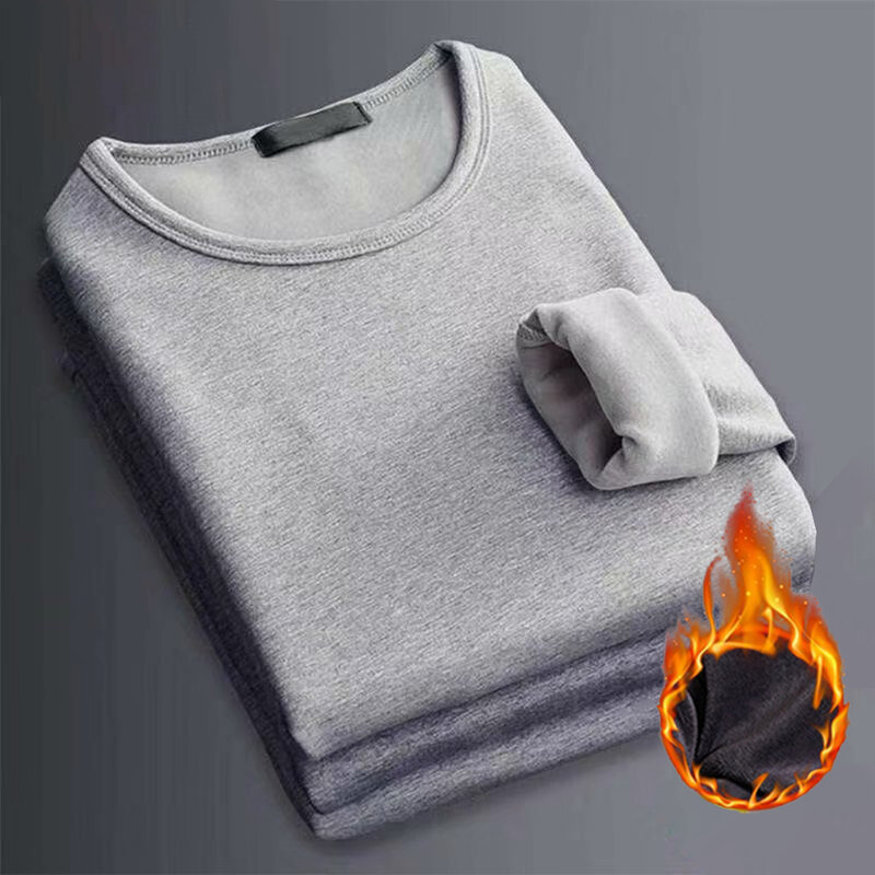 Roupa interior de lã térmica masculina, camiseta com decote, fundo acolchoado confortável, roupas grossas e quentes, fina, outono, inverno