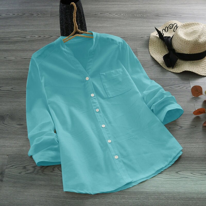 2024 nuovo bottone camicette da donna tasche cotone lino Casual camicie da donna estate Top camicia a maniche lunghe camicetta tinta unita Top