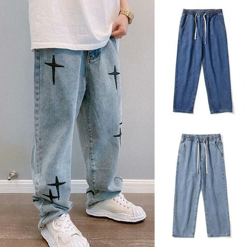 Oddychające męskie jeansy z szerokimi nogawkami haftowane gwiazdy miękkie męskie spodnie zapinane prosty zamek błyskawiczny guziki Hip Hop męskie długie spodnie Streetwear