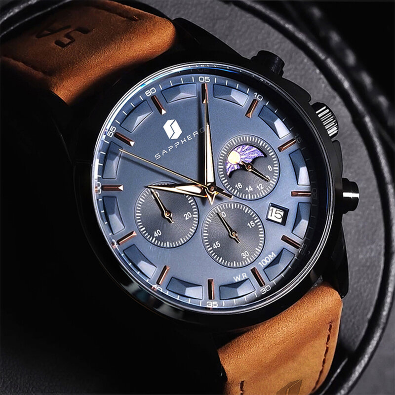 SAPPHERO Homem de luxo relógio de pulso à prova dwaterproof água luminosa aço inoxidável relógio de pulso quartzo cronógrafo para homem esporte masculino