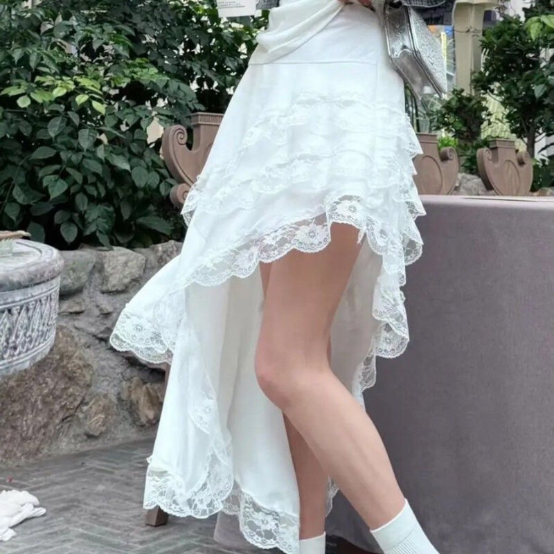 Кружевная Асимметричная юбка с оборками Deeptown, женские элегантные белые юбки А-силуэта в стиле бохо, эстетичная винтажная юбка в Корейском стиле в стиле пэчворк Y2K