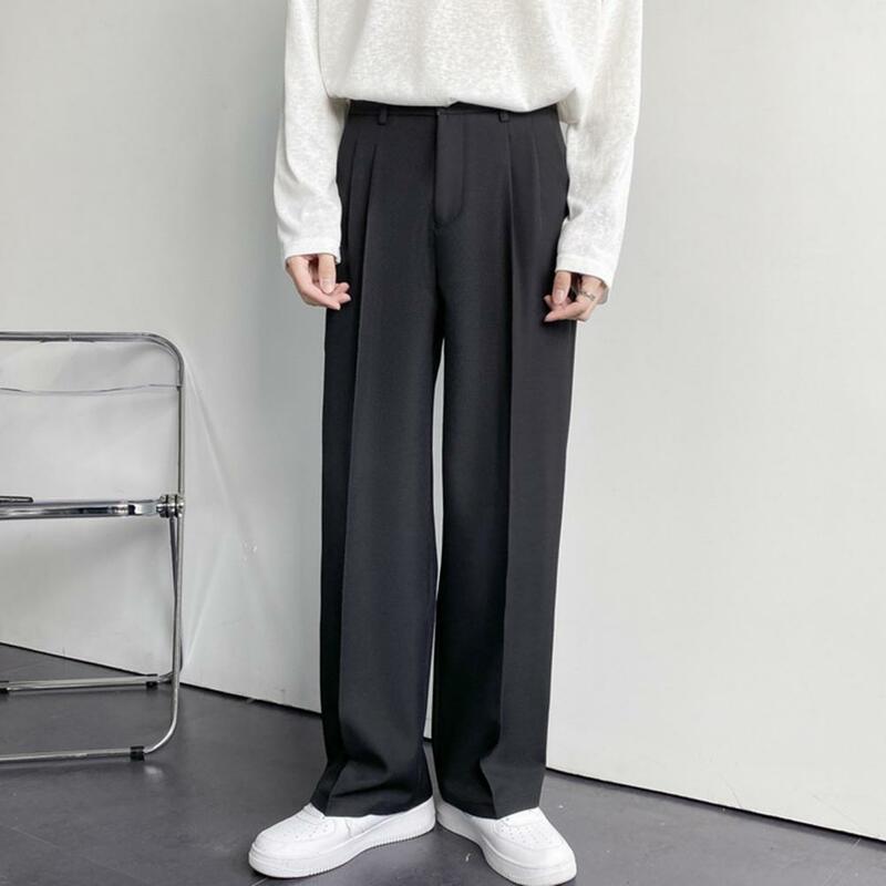 Popular Anti-deformed Men Mid-Rise Straight Wide Leg Casual Pants Button Zipper Fly Skin-touching Suit Pants for School