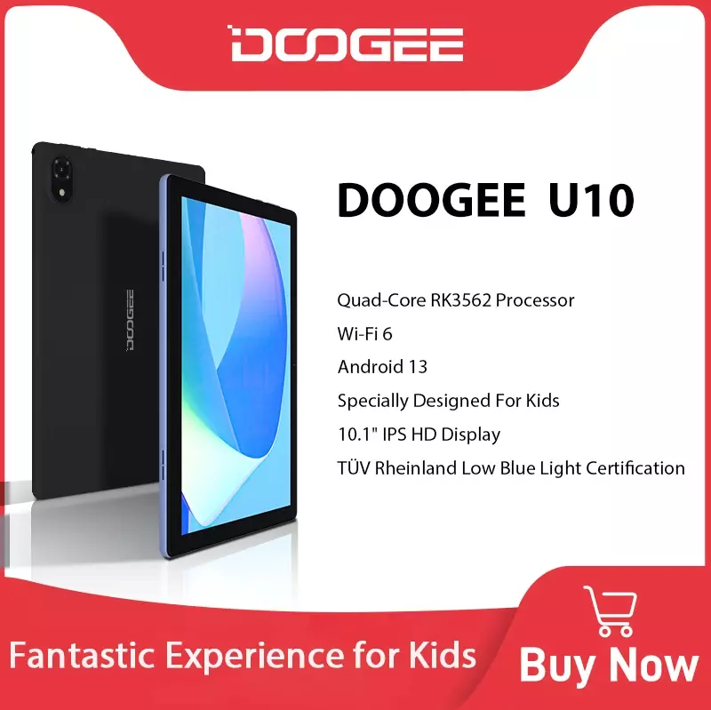 DOOGEE Tablet U10, WiFi6 Quad Core 10.1 "IPS HD Display TÜV tersertifikasi Widevine L1 8MP kamera Android dirancang khusus untuk anak-anak