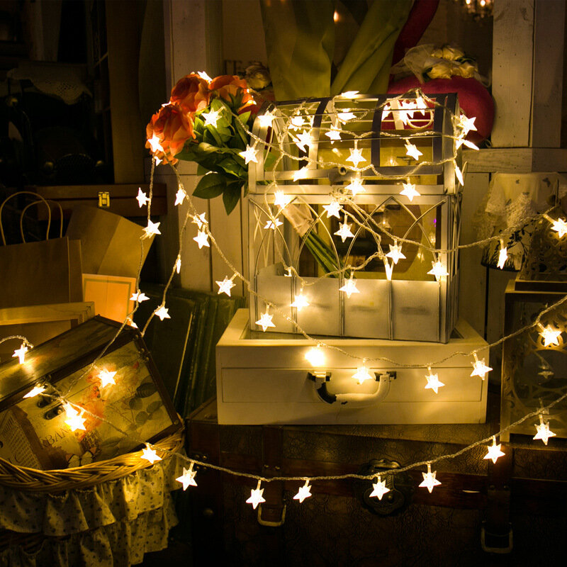 Guirnalda de luces LED con forma de estrella brillante, guirnaldas de luces de hadas de copos de nieve, lámpara de Navidad alimentada por batería, decoración para fiestas y bodas, 80/40/20/10 LED