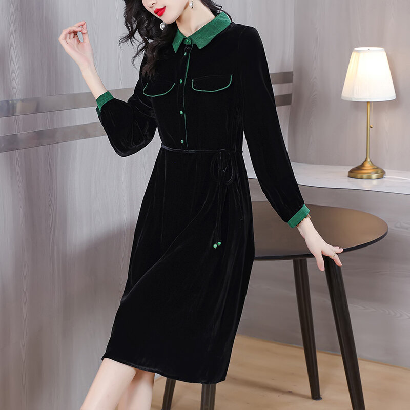 Новинка 2023, шелковое бархатное платье-поло с воротником, женское свободное большое черное однотонное облегающее платье до колена с поясом и длинным рукавом