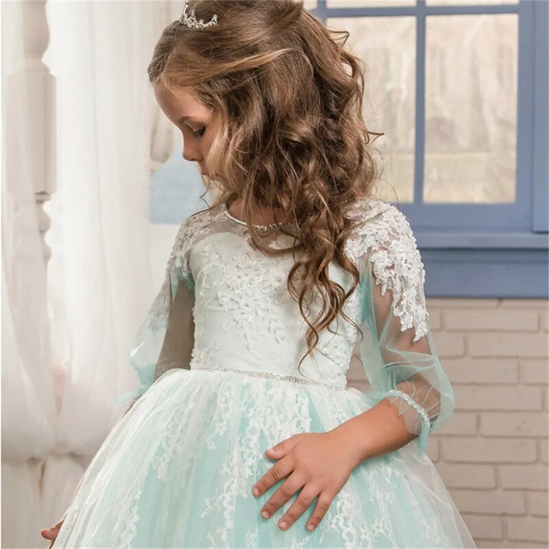 Flower Girl Dress For Wedding Lace Applique 3/4 Sleeve Beading Floor Length Child's First Eucharistic Birthday Party Dresses