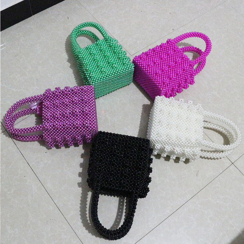 New niche design green string bag rose red pearl purple red black white customized bead handle bag