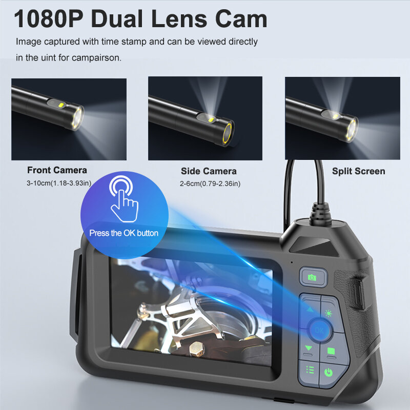 Caméra endoscopique étanche IP67, 1080P, 8mm, triple objectif pour touristes, objectif de détermination, 4.3 en effet, caméra d'inspection LCD