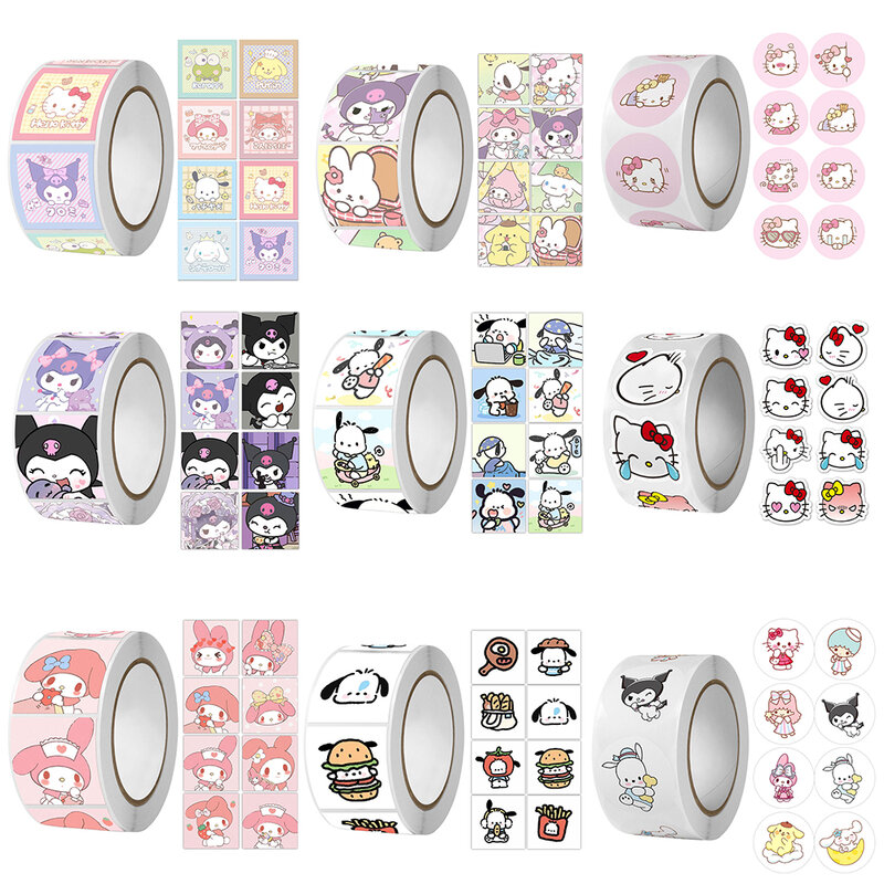 500Pcs/roll Sanrio Sticker Kawaii Kuromi Hello Kitty P Cinnamoroll Cartoon Kids Reward Stickers Gift Decoration Decals Toys
