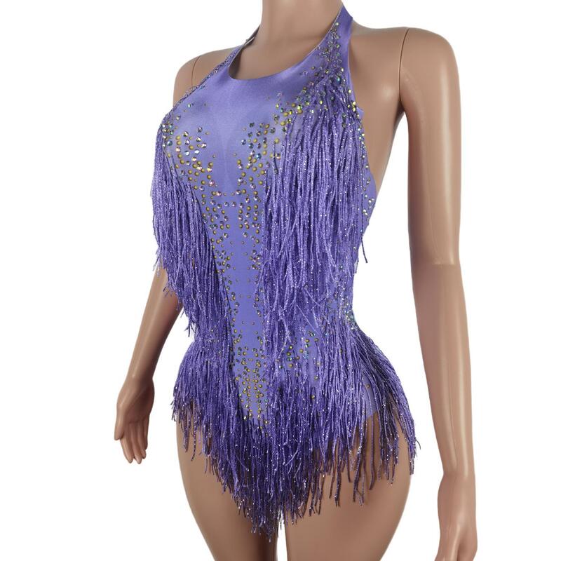 Baru 2023 payet rumbai ungu Leotard seksi rumbai Bodysuit Latin tiang tari kostum panggung pesta klub penari kinerja Liusu