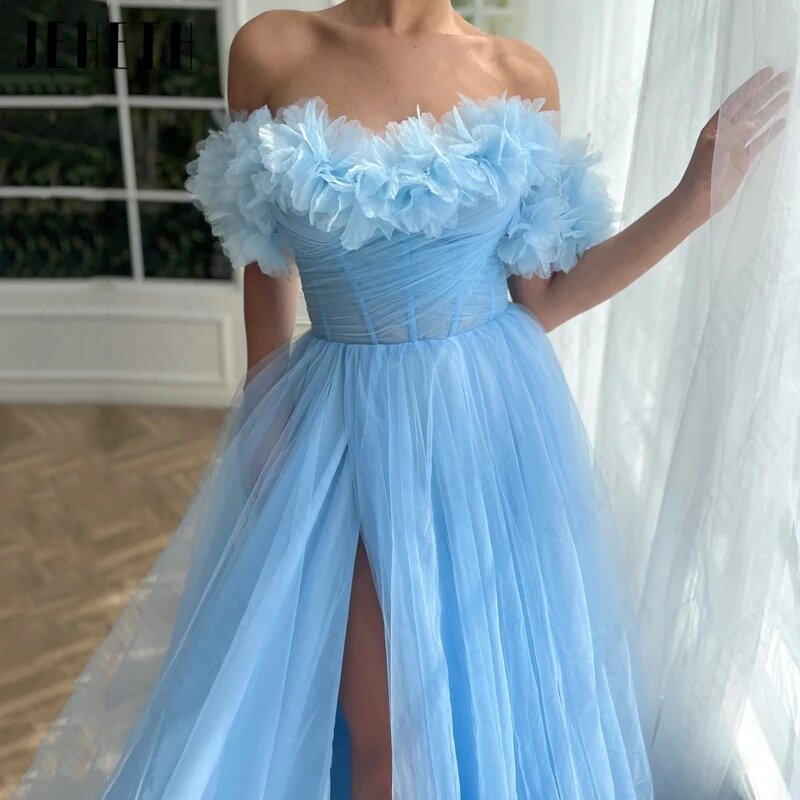 Fancy Sky Blue Fairy Long Prom Dress Tulle Off The Shoulder A Line High Side Slit Pleat Ruffles Vestidos Para Eventos Especi
